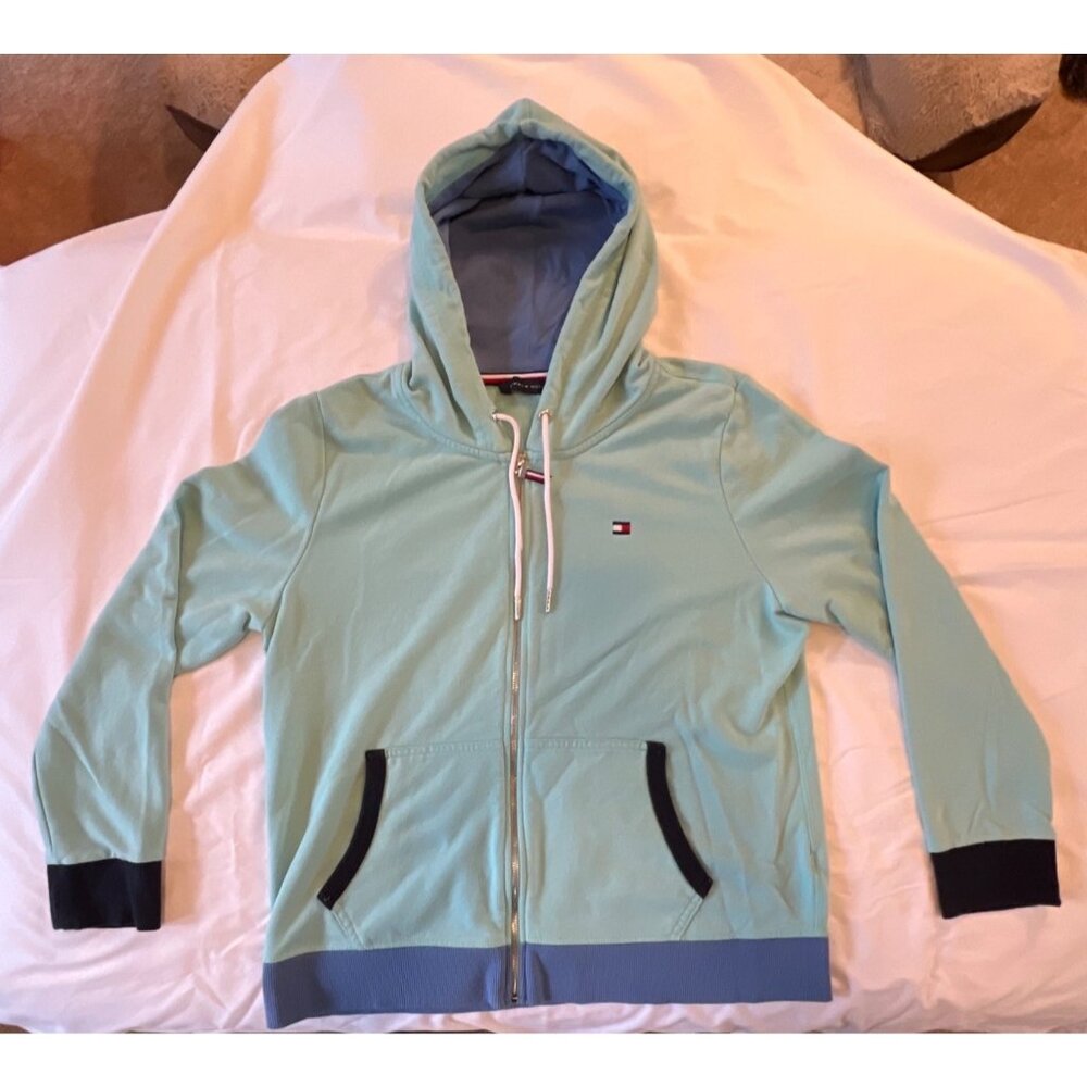 Tommy Hilfiger Mint Green Zip-Up Hoodie Sweatshirt W/ Pockets & Drawstrings Size